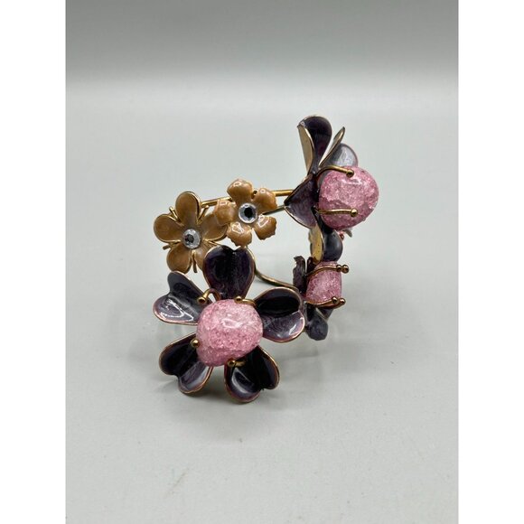 Floral Cuff Bracelet Crackled Glass Rhinestones & Enamels Statement Bracelet - Picture 10 of 12
